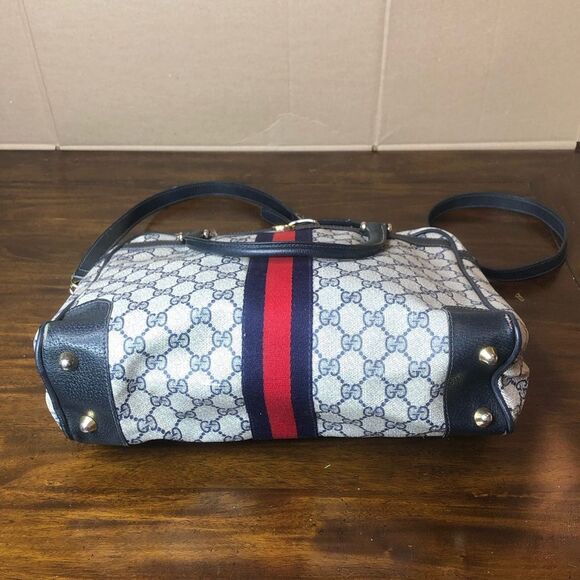 GUCCI GG Supreme Navy Leather Ophidia Sherry Line Coated Canvas Travel Work Bag - Picture 12 of 17